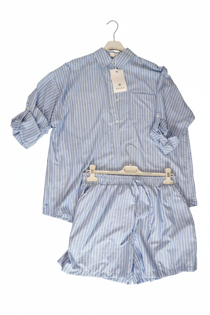 Completo Coordinato a Righe Azzurre con Camicia e Shorts