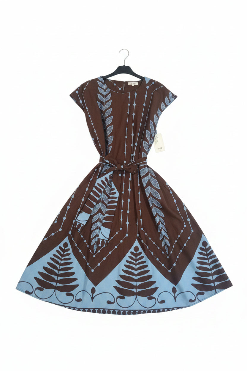 Abito Midi in 100% Cotone con Gonna a Ruota e Stampa Geometrica - Made in Italy