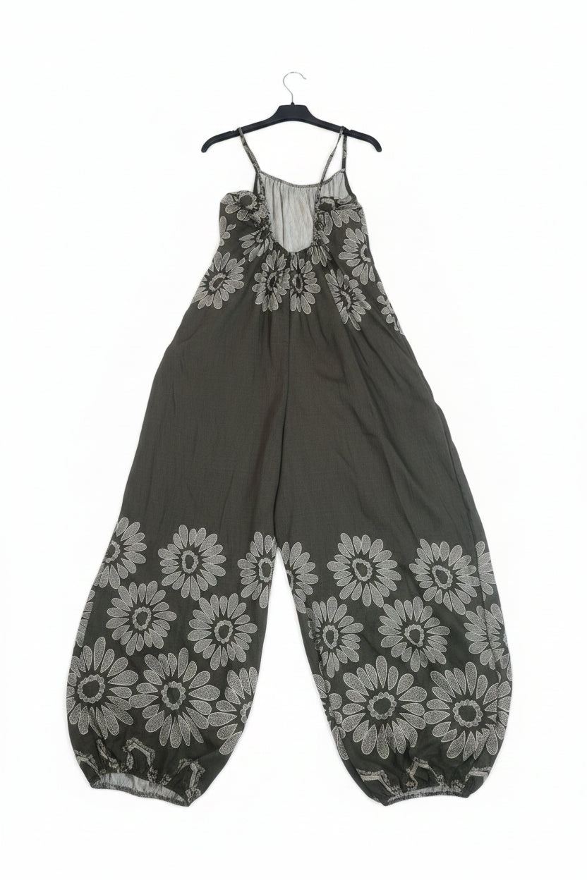Tuta Intera Jumpsuit Over in Misto Viscosa con Stampa Margherita Etnica