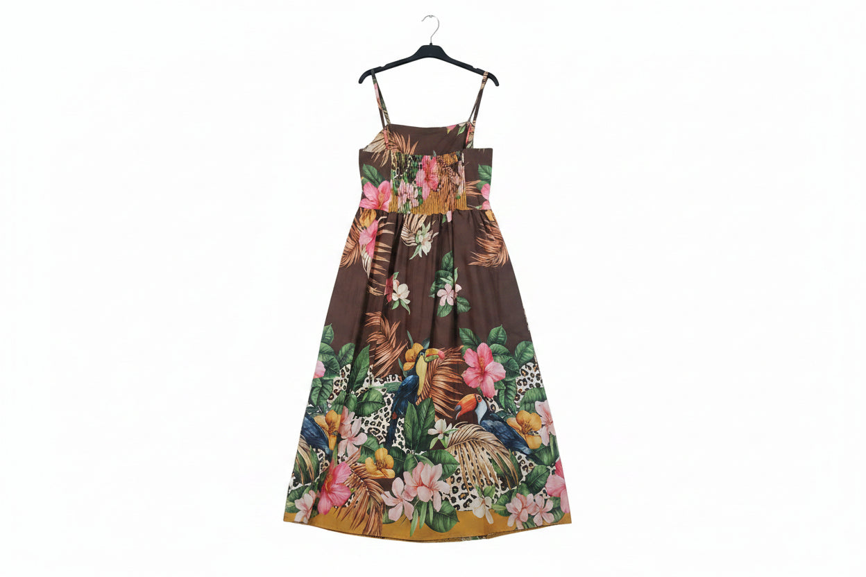 Abito Midi in Puro Cotone con Stampa Tropicale e Corpetto Elastico