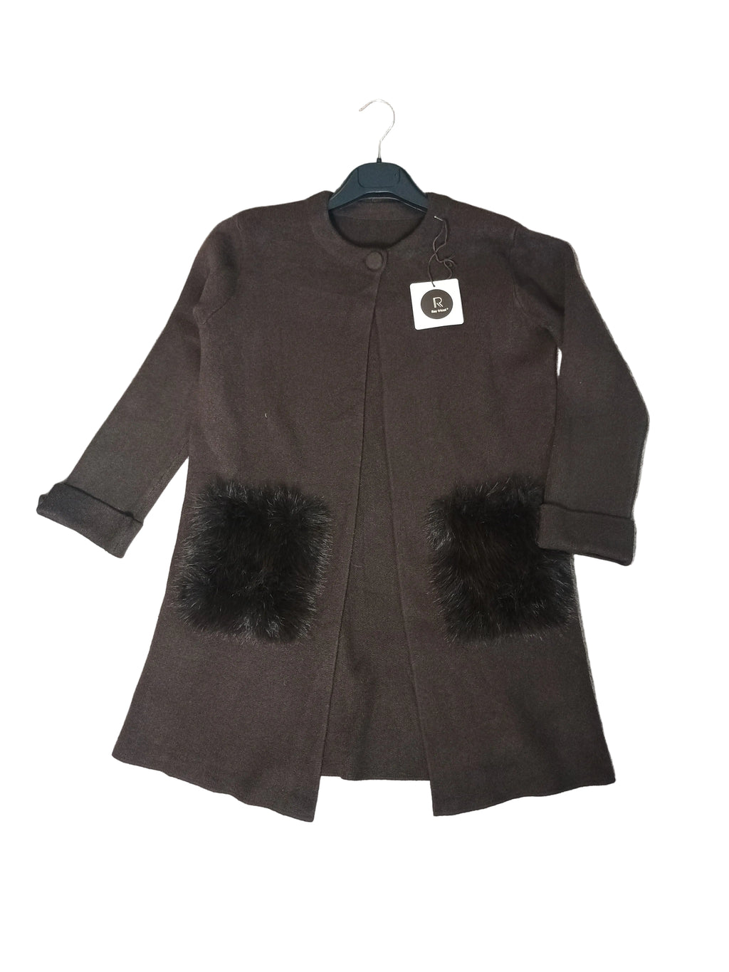 New Cappottino in Maglia con Tasche in Eco Pelliccia