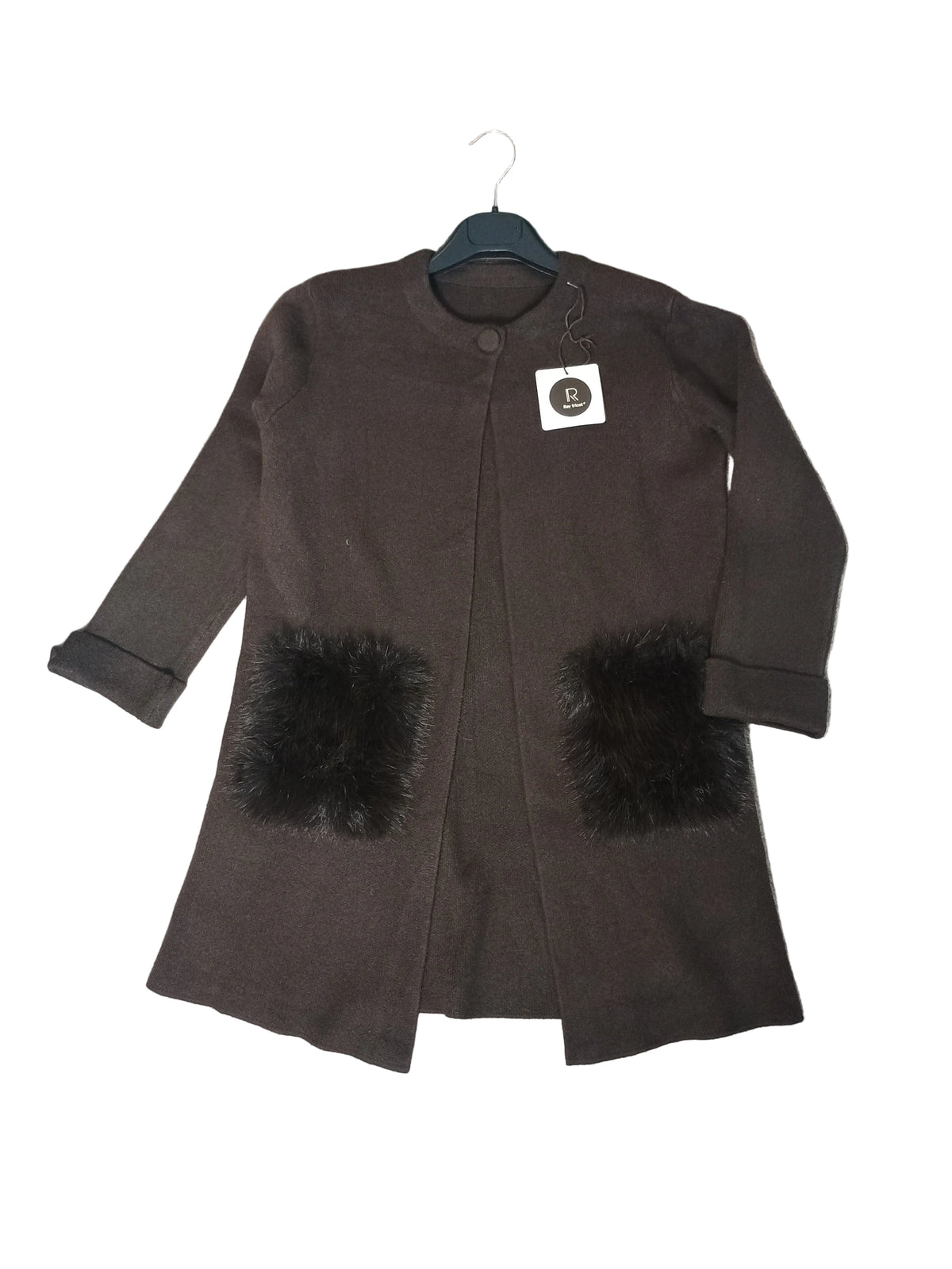 New Cappottino in Maglia con Tasche in Eco Pelliccia