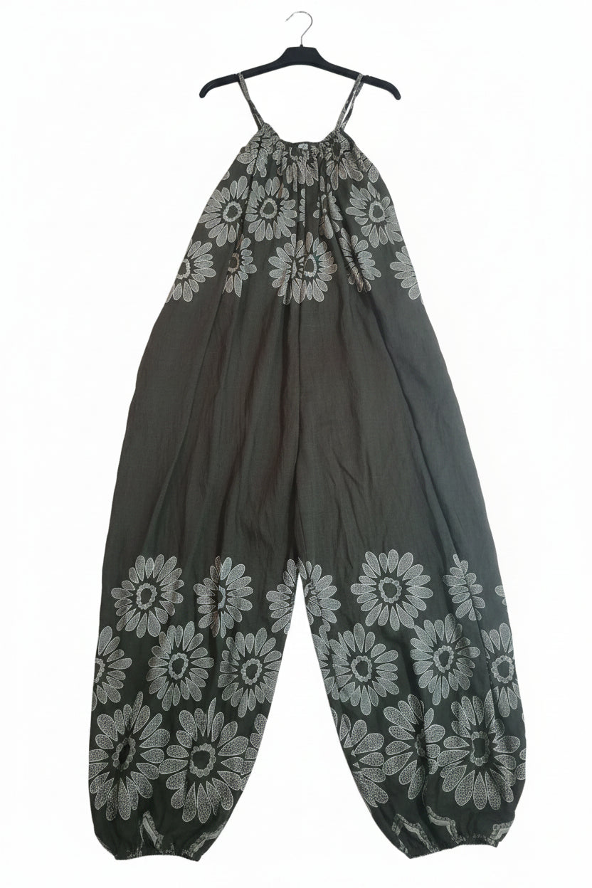 Tuta Intera Jumpsuit Over in Misto Viscosa con Stampa Margherita Etnica