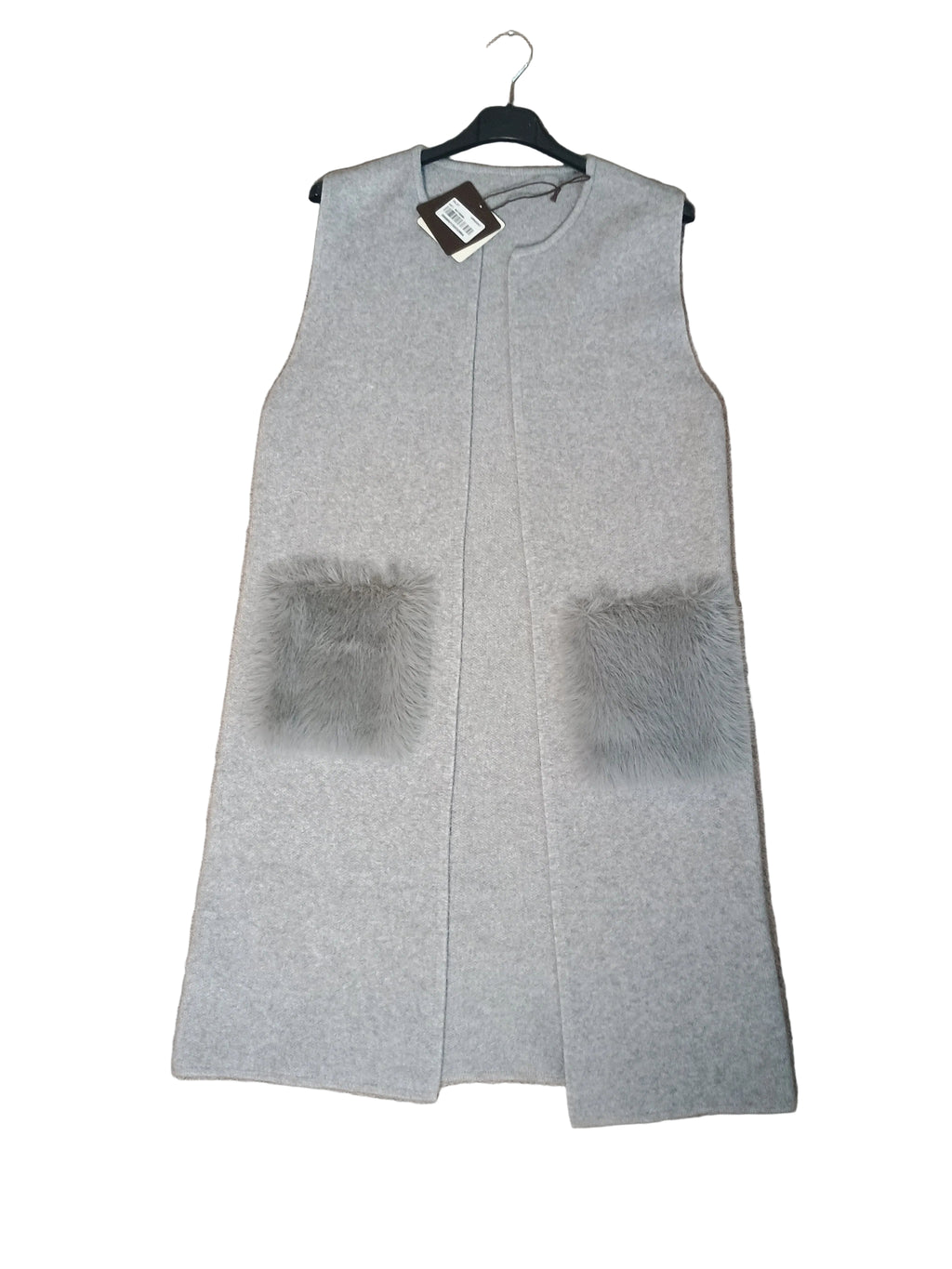 New Gilet Lungo in Maglia con Tasche in Eco Pelliccia
