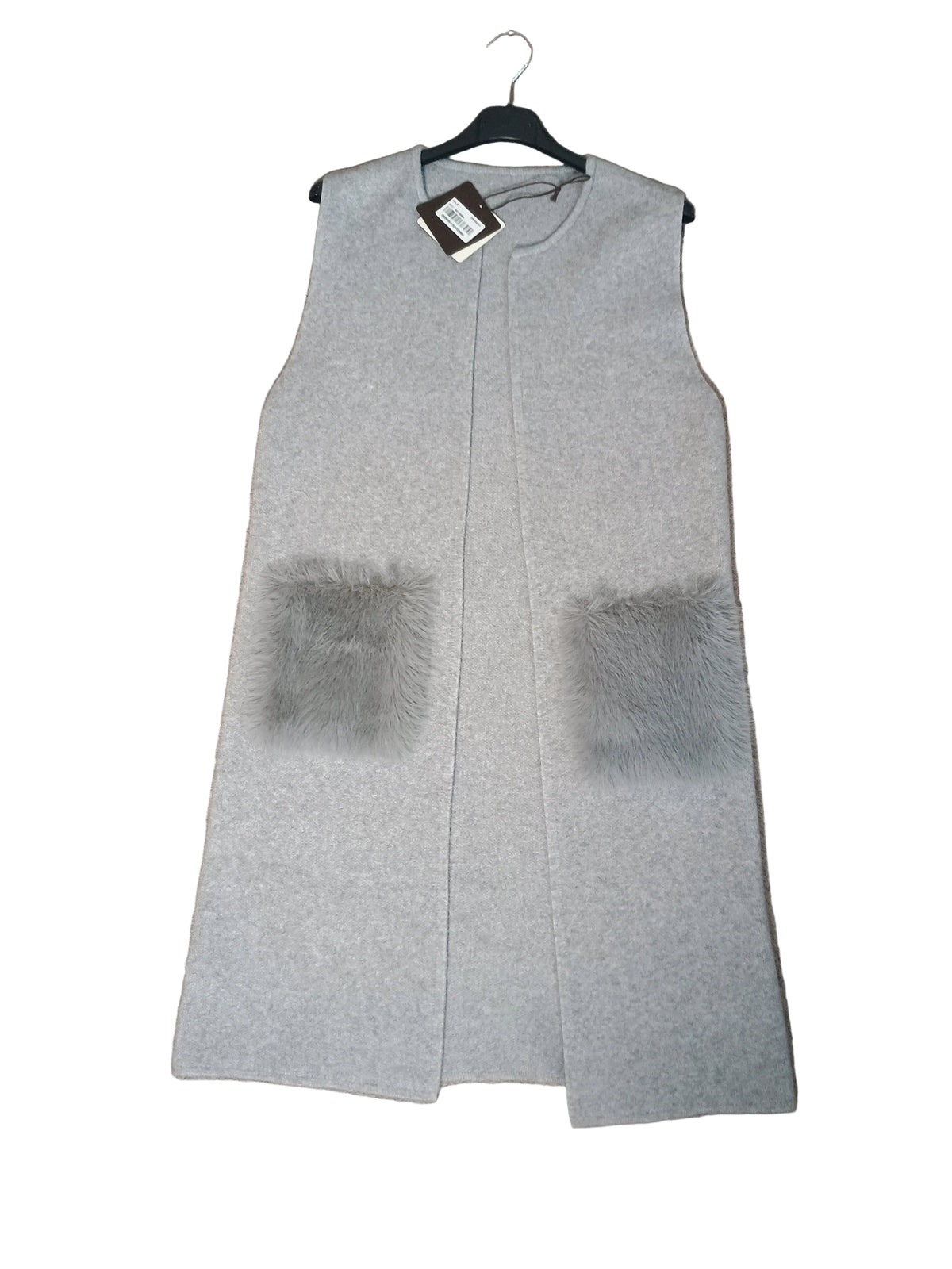 New Gilet Lungo in Maglia con Tasche in Eco Pelliccia