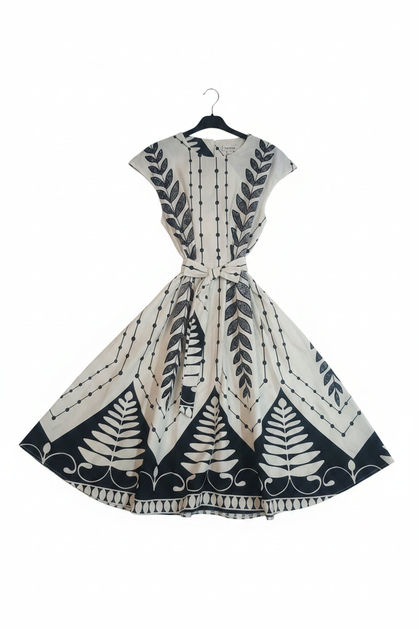 Abito Midi in 100% Cotone con Gonna a Ruota e Stampa Geometrica - Made in Italy