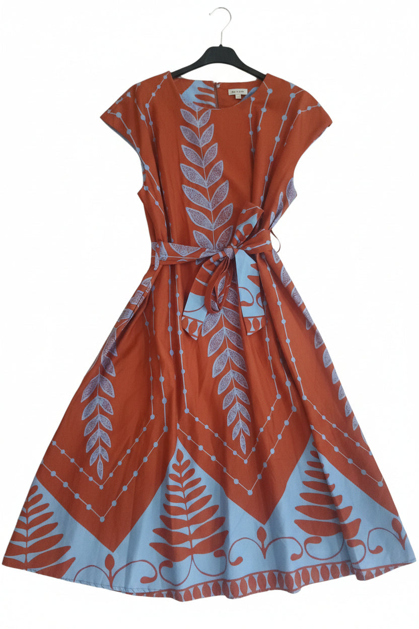 Abito Midi in 100% Cotone con Gonna a Ruota e Stampa Geometrica - Made in Italy