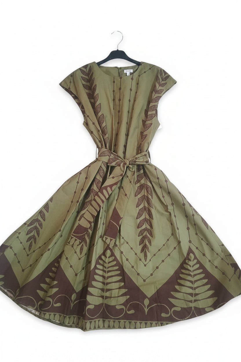 Abito Midi in 100% Cotone con Gonna a Ruota e Stampa Geometrica - Made in Italy