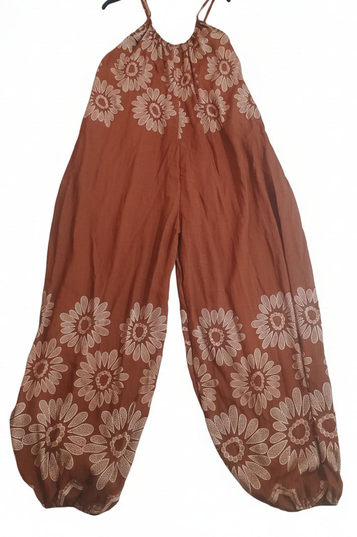 Tuta Intera Jumpsuit Over in Misto Viscosa con Stampa Margherita Etnica
