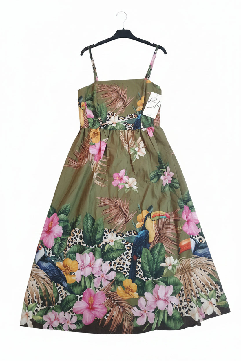 Abito Midi in Puro Cotone con Stampa Tropicale e Corpetto Elastico