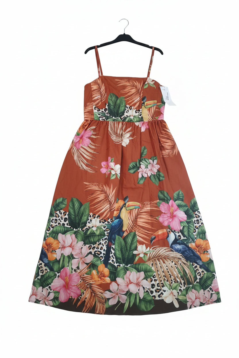 Abito Midi in Puro Cotone con Stampa Tropicale e Corpetto Elastico
