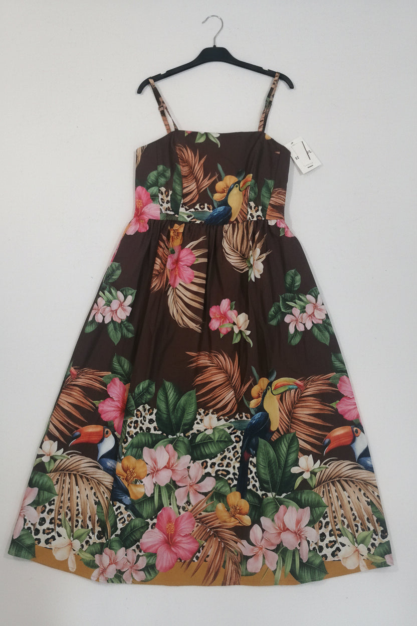 Abito Midi in Puro Cotone con Stampa Tropicale e Corpetto Elastico